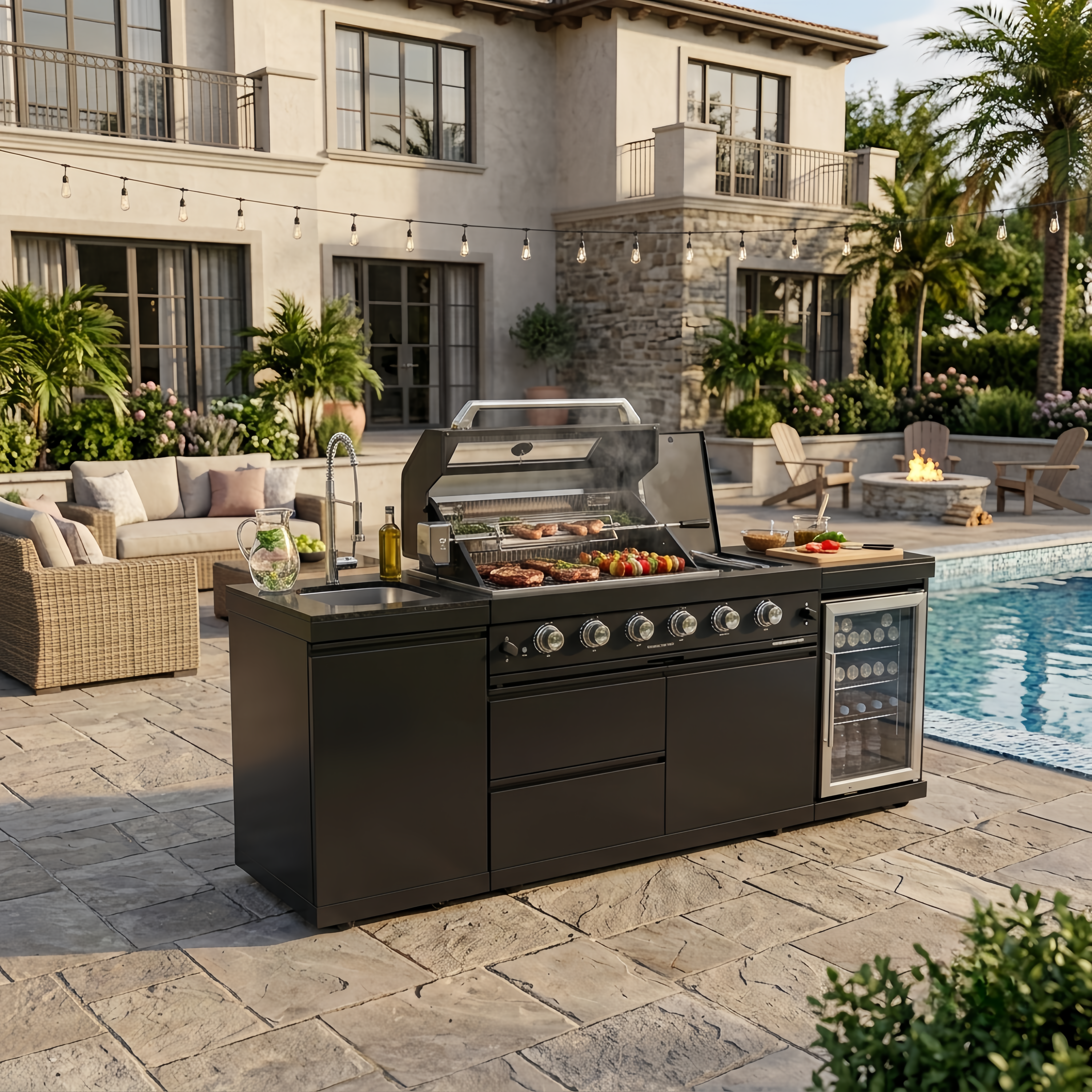 85-Inch Modular Outdoor Kitchen Island Grill Combo, Premium 304 Marine Grade Stainless Steel 72,000 BTU 4-Burner Gas BBQ Station with Outdoor Refrigerator, Stainless Steel Sink, Granite Countertop