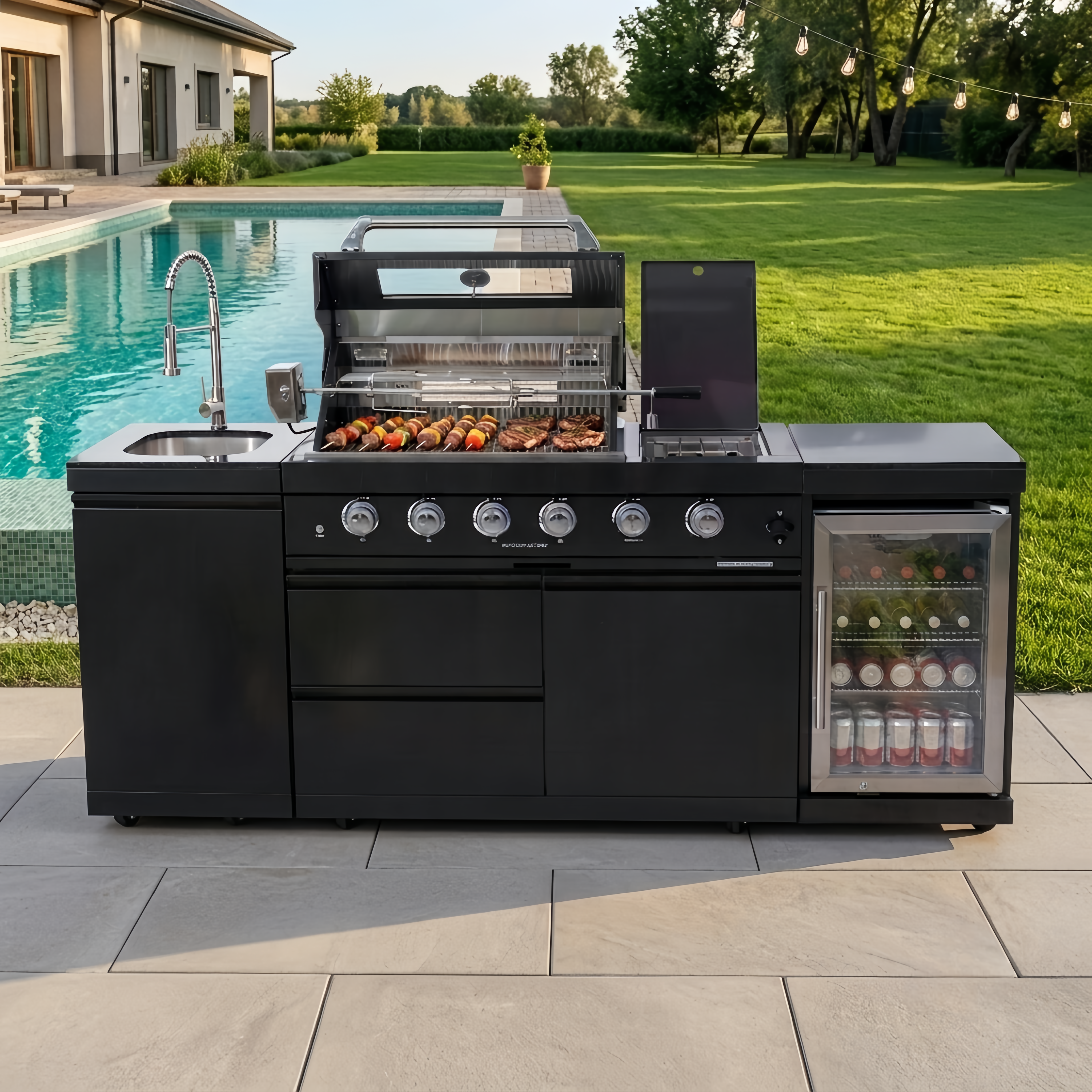 85-Inch Modular Outdoor Kitchen Island Grill Combo, Premium 304 Marine Grade Stainless Steel 72,000 BTU 4-Burner Gas BBQ Station with Outdoor Refrigerator, Stainless Steel Sink, Granite Countertop